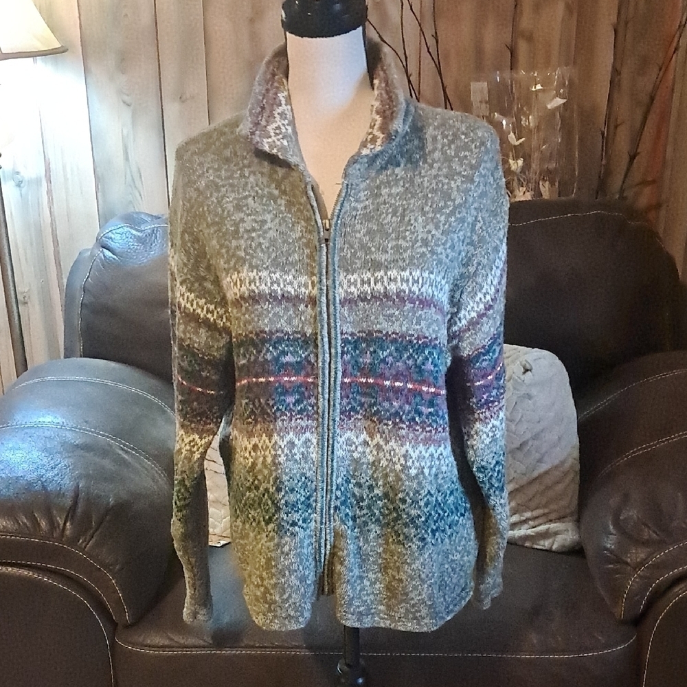 Women Heirloom Collectibles Fair Isle Multicolor Zip-Up Cardigan Sweater Size L